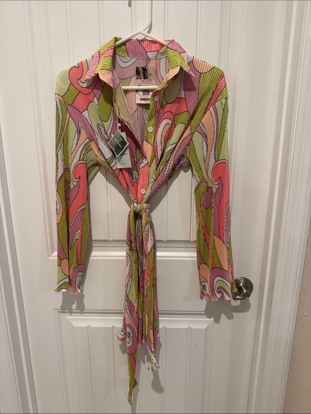Retro Pink, Green & Cream Button-Down Tie-Front Shirt Dress